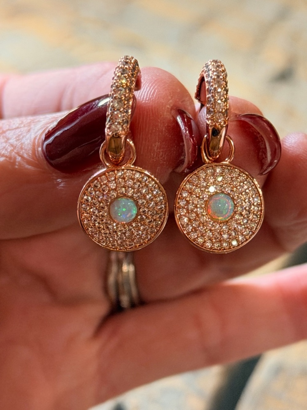 Bomb Party NWOT! Rose Gold Opal Pavé Disc Drop Earrings